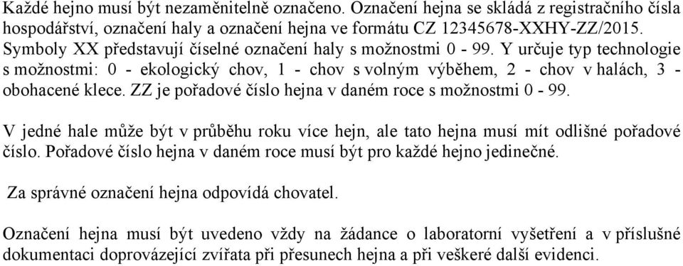 ZZ je pořadové číslo hejna v daném roce s možnostmi 0-99. V jedné hale může být v průběhu roku více hejn, ale tato hejna musí mít odlišné pořadové číslo.