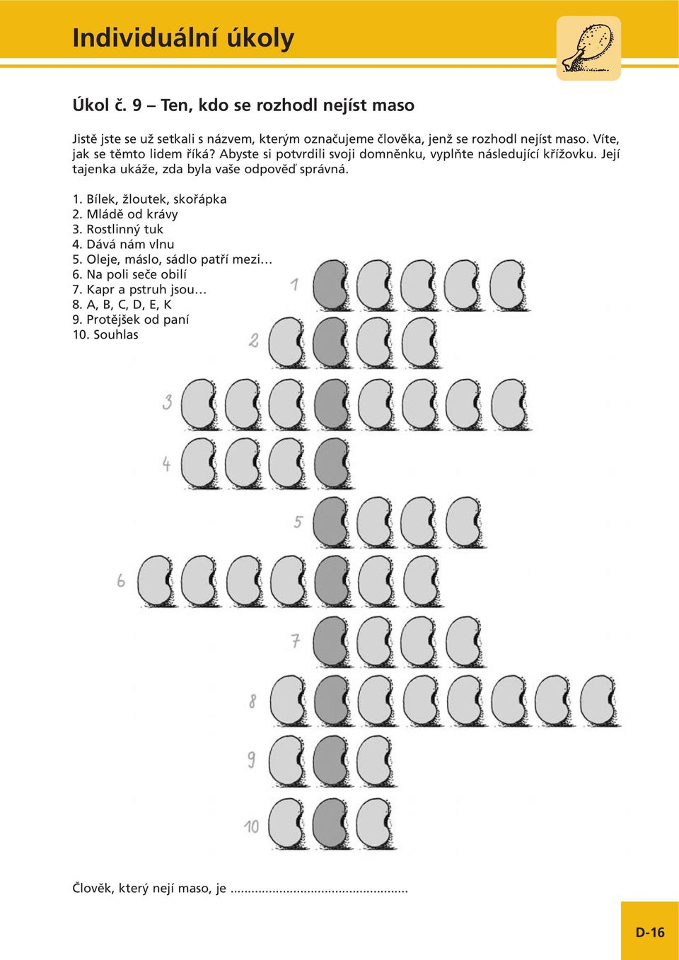 Její tajenka ukáže, zda byla vaše odpověď správná. 1. Bílek, žloutek, skořápka 2. Mládě od krávy 3. Rostlinný tuk 4.