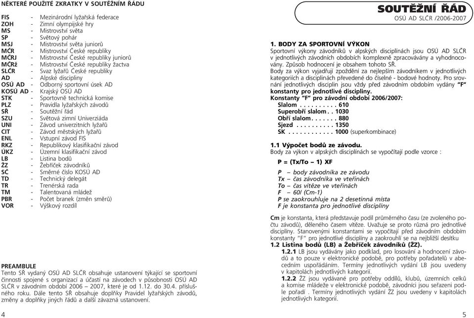 AD - Krajský OSÚ AD STK - Sportovně technická komise PLZ - Pravidla lyžařských závodů SŘ - Soutěžní řád SZU - Světová zimní Univerziáda UNI - Závod univerzitních lyžařů CIT - Závod městských lyžařů