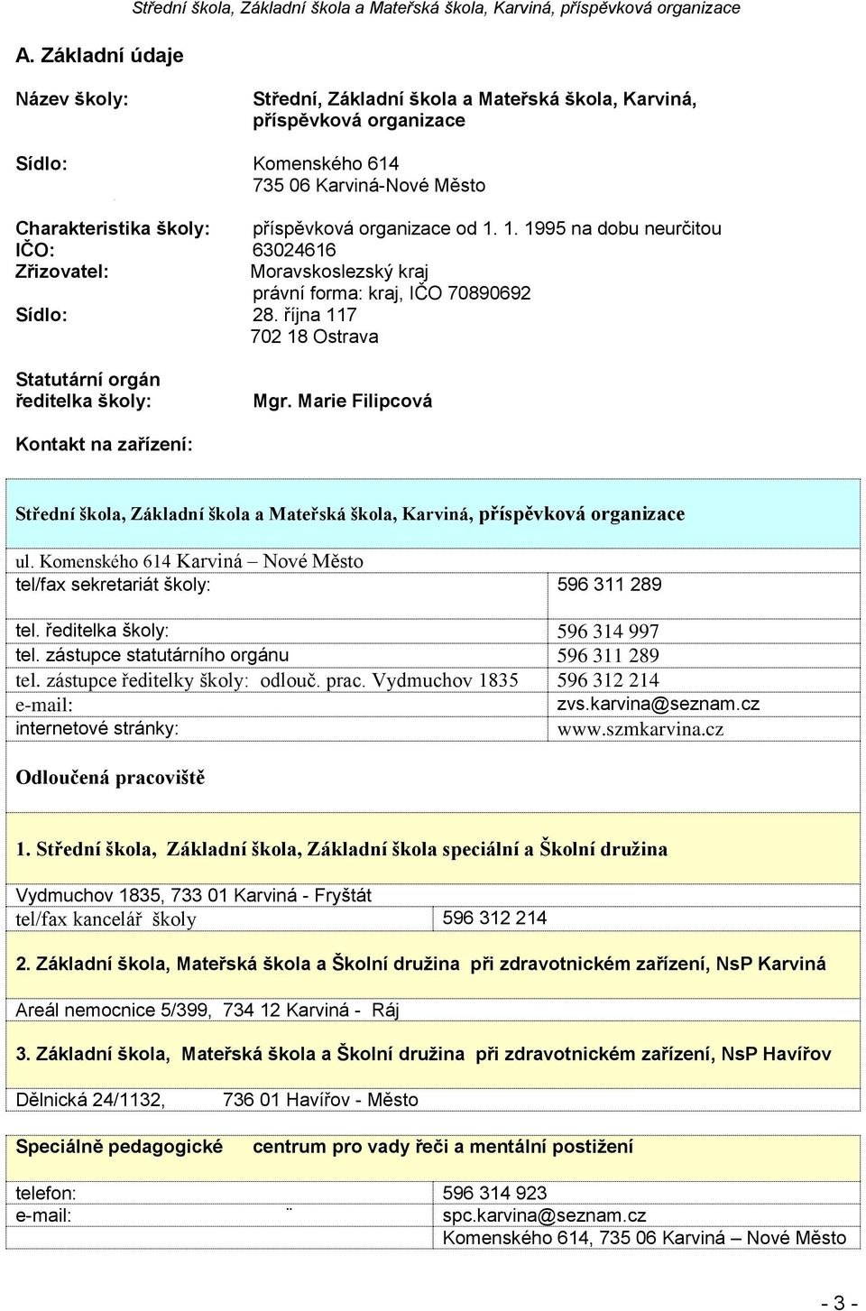 1. 1995 na dobu neurčitou IČO: 63024616 Zřizovatel: Moravskoslezský kraj právní forma: kraj, IČO 70890692 Sídlo: 28. října 117 702 18 Ostrava Statutární orgán ředitelka školy: Mgr.