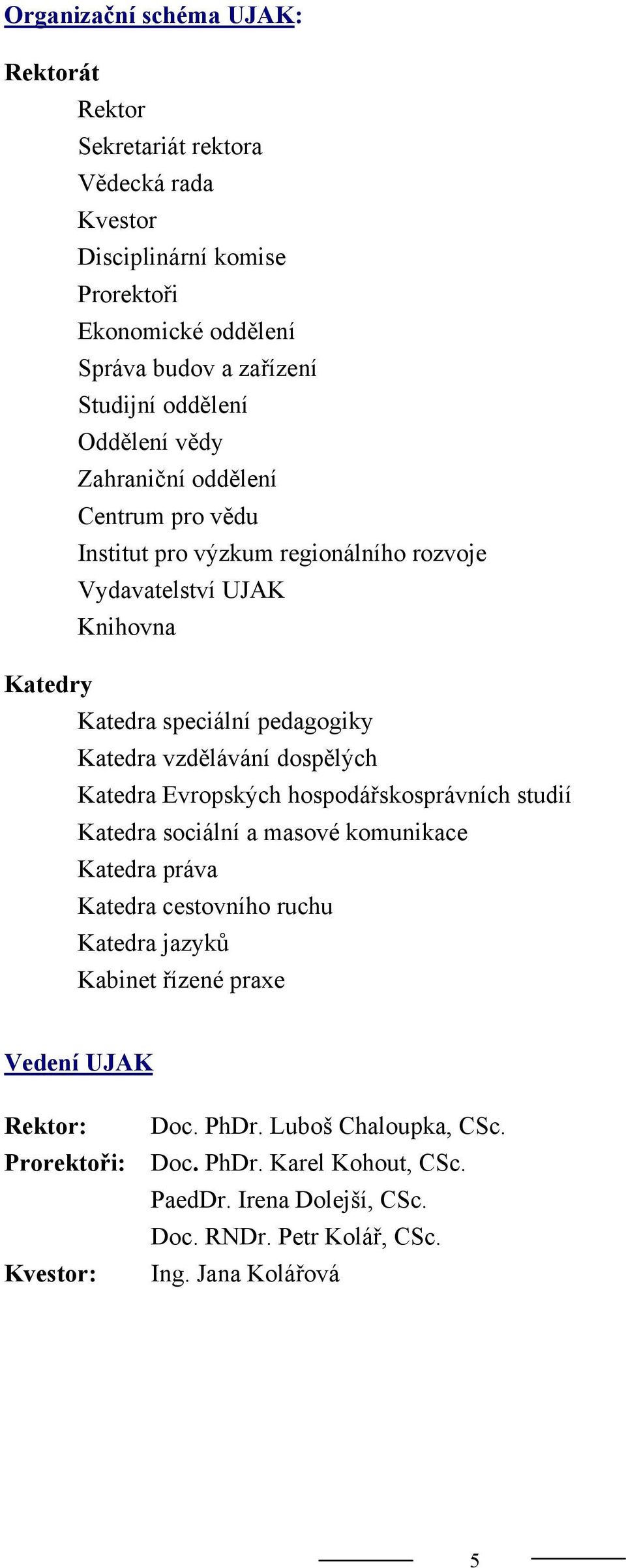 dospělých Katedra Evropských hospodářskosprávních studií Katedra sociální a masové komunikace Katedra práva Katedra cestovního ruchu Katedra jazyků Kabinet řízené praxe Vedení