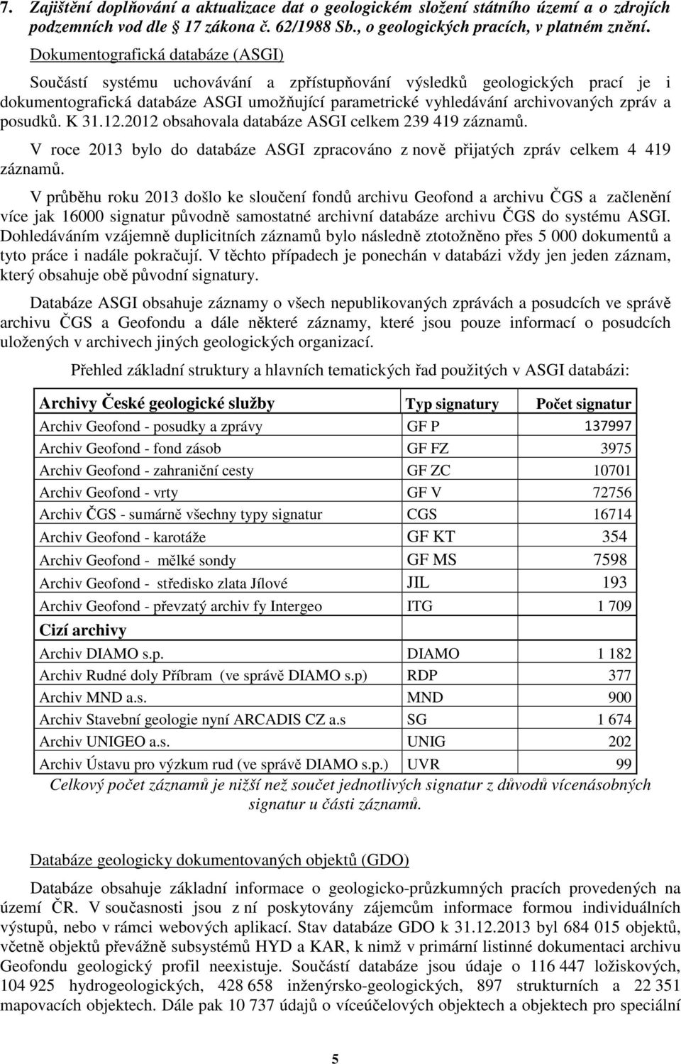 a posudků. K 31.12.2012 obsahovala databáze ASGI celkem 239 419 záznamů. V roce 2013 bylo do databáze ASGI zpracováno z nově přijatých zpráv celkem 4 419 záznamů.