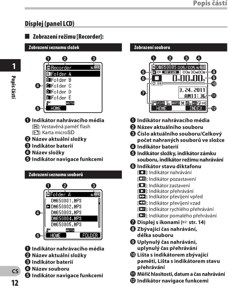 5 1 2 3 1 Indikátor nahrávacího média 2 Název aktuální složky 3 Indikátor baterií 4 Název souboru 5 Indikátor navigace funkcemi 1 Indikátor nahrávacího média 2 Název aktuálního souboru 3 Číslo