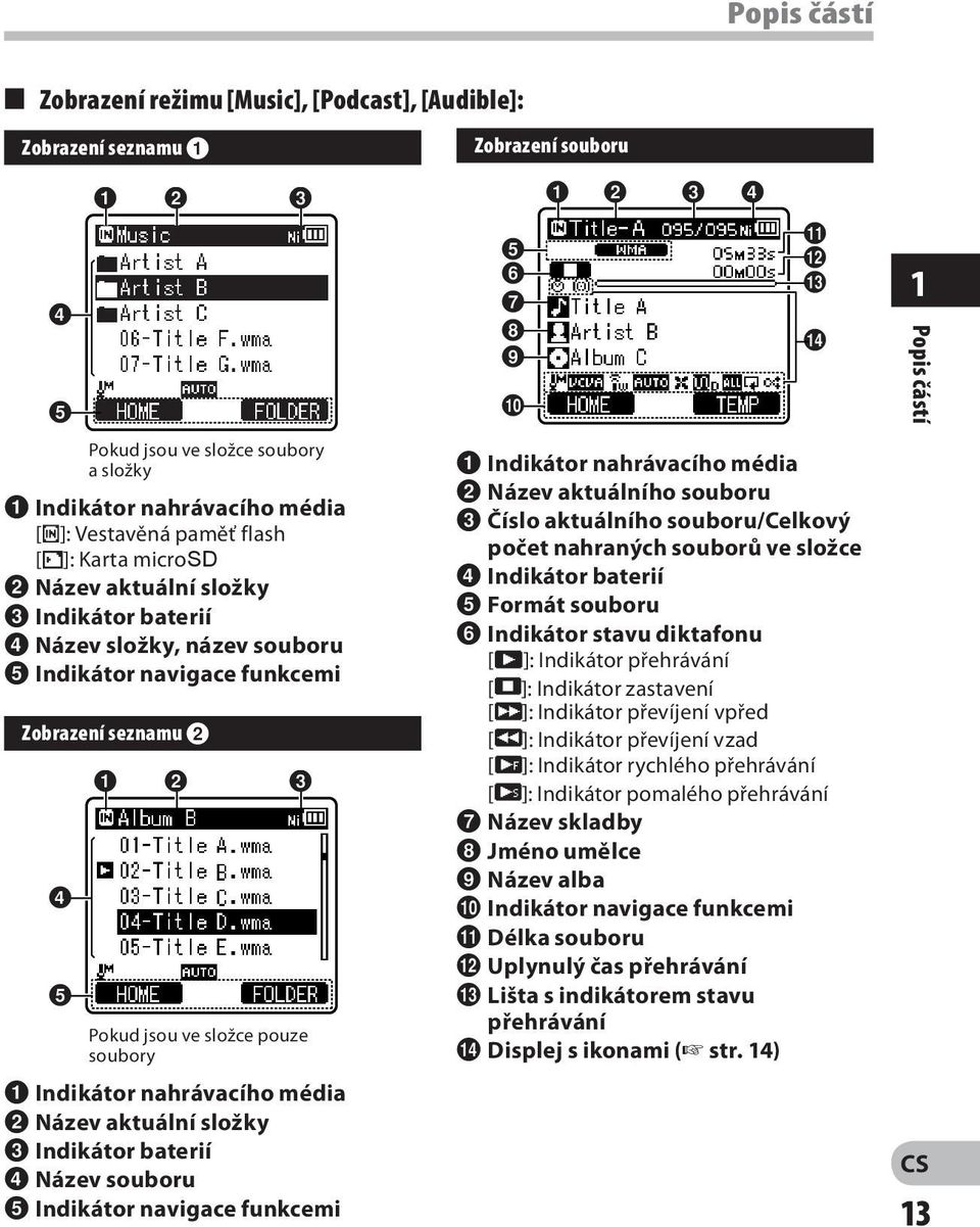 nahrávacího média 2 Název aktuální složky 3 Indikátor baterií 4 Název souboru 5 Indikátor navigace funkcemi Zobrazení souboru 5 6 7 8 9 0 1 2 3 4!