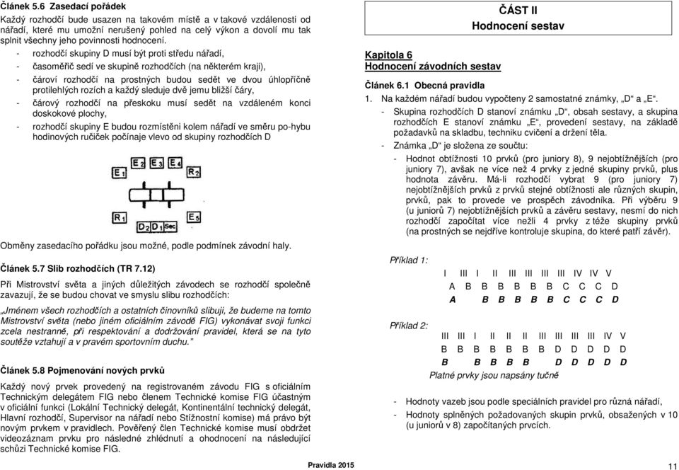 - rozhodčí skupiny D musí být proti středu nářadí, - časoměřič sedí ve skupině rozhodčích (na některém kraji), - čároví rozhodčí na prostných budou sedět ve dvou úhlopříčně protilehlých rozích a