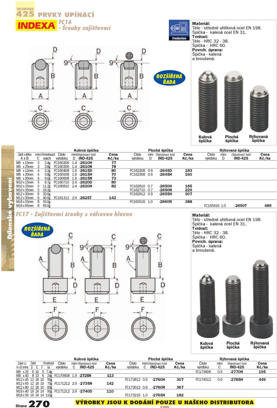 ROZŠÍŘENÁ ŘADA Kulová špièka Plochá špièka Rýhovaná špièka Kulová špièka Plochá špièka Rýhovaná špièka Závit x délka mmhmotnost Èíslo mm Èíslo mm Èíslo mm A x B C each výrobku D IND- výrobku D IND-