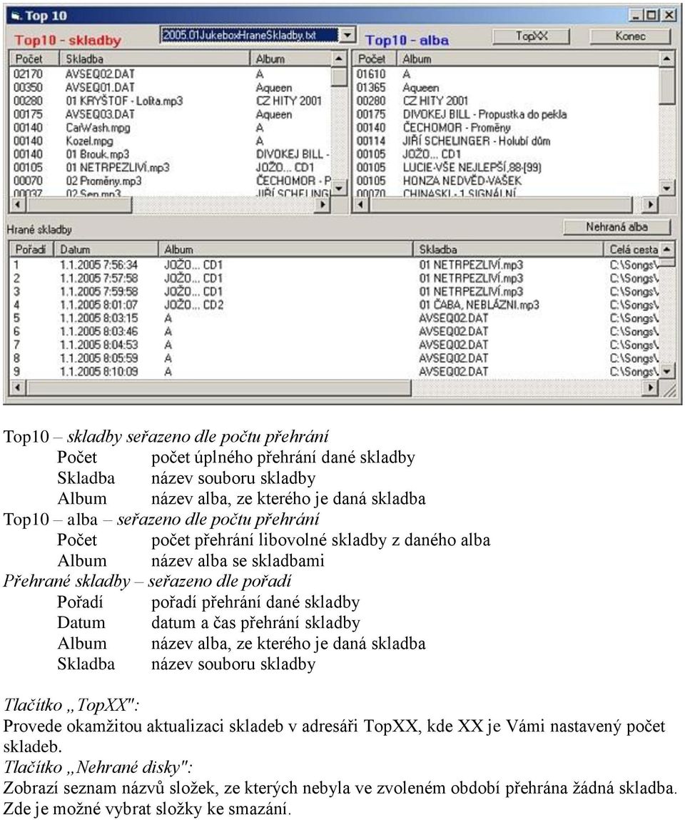 a čas přehrání skladby Album název alba, ze kterého je daná skladba Skladba název souboru skladby Tlačítko TopXX": Provede okamžitou aktualizaci skladeb v adresáři TopXX, kde XX je