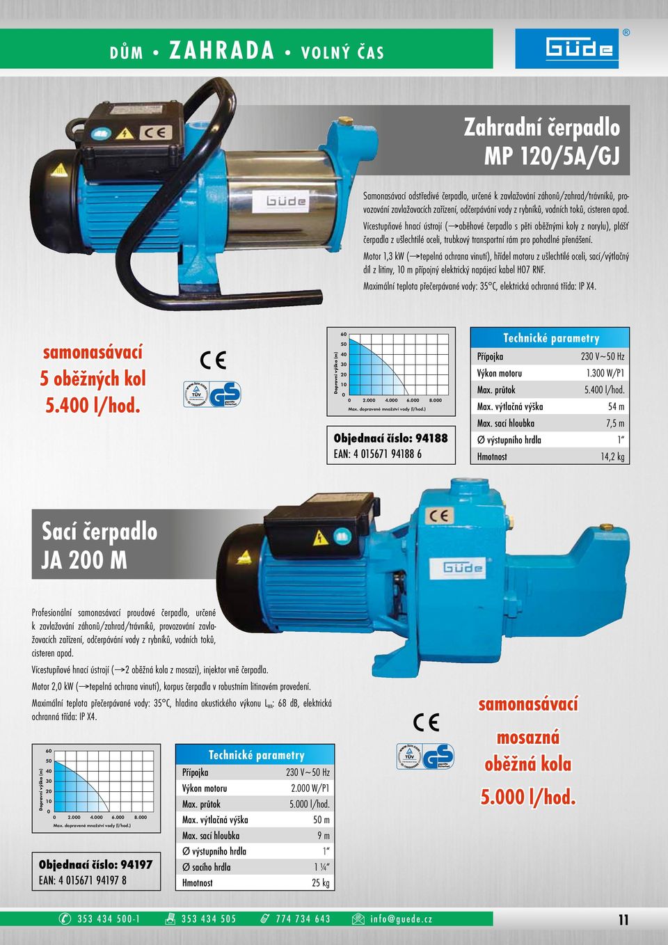 Motor 1,3 kw ( tepelná ochrana vinutí), hřídel motoru z ušlechtilé oceli, sací/výtlačný díl z litiny, 1 m přípojný elektrický napájecí kabel HO7 RNF.