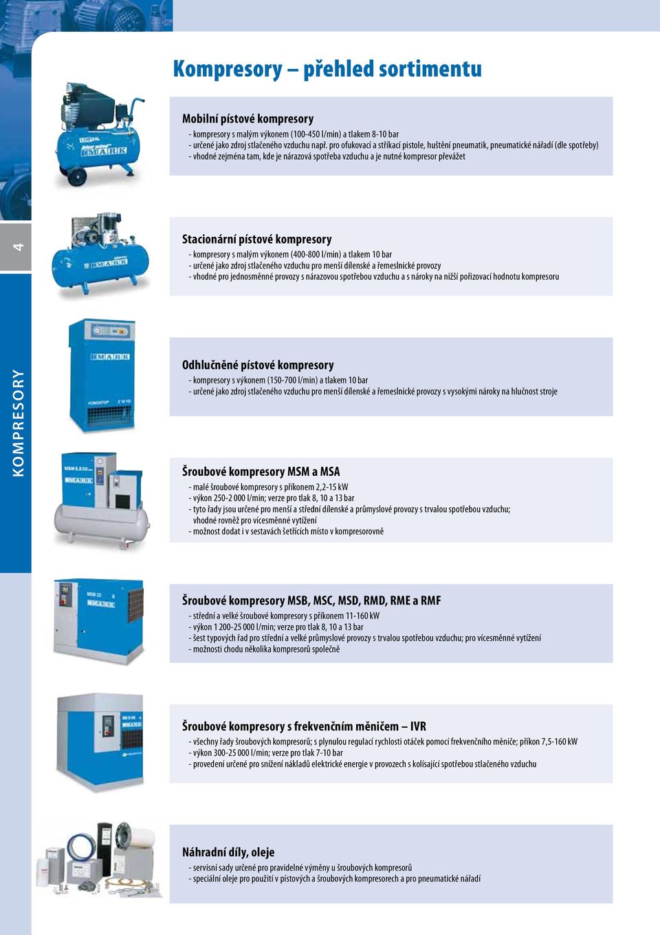 kompresory - kompresory s malým výkonem (400-800 l/min) a tlakem 10 bar - určené jako zdroj stlačeného vzduchu pro menší dílenské a řemeslnické provozy - vhodné pro jednosměnné provozy s nárazovou