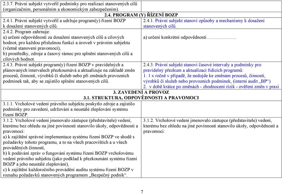 4.2. Program zahrnuje: a) určení odpovědnosti za dosažení stanovených cílů a cílových hodnot, pro každou příslušnou funkci a úroveň v právním subjektu (včetně stanovení pravomocí), b) prostředky,