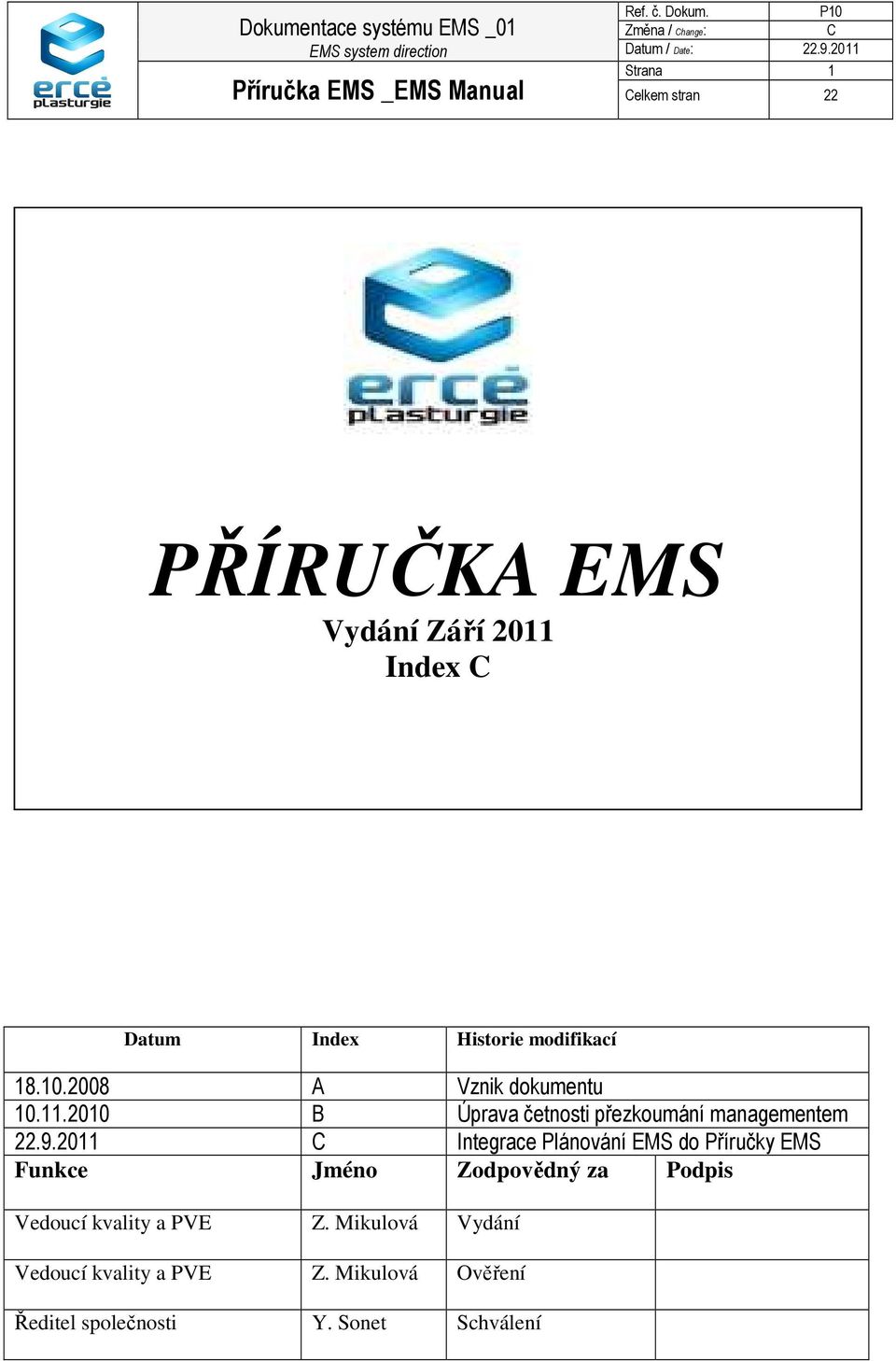 2011 Integrace Plánování EMS do Příručky EMS Funkce Jméno Zodpovědný za Podpis Vedoucí kvality a