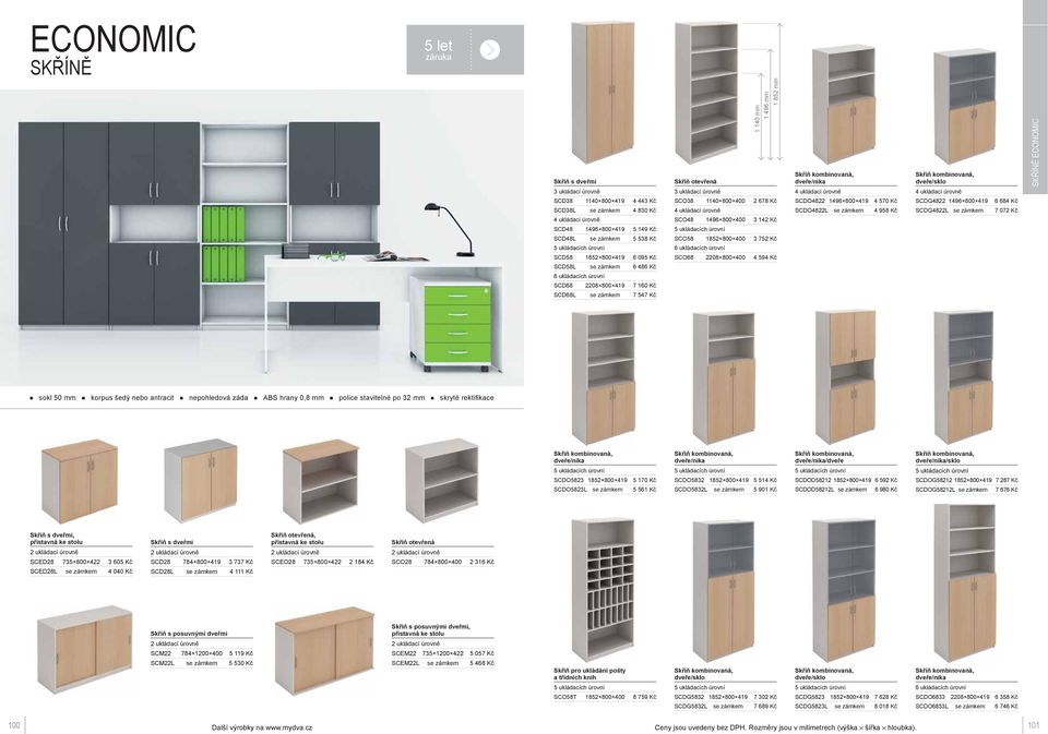 SCDO4822L se zámkem 4 958 Kč SCDG4822 1496 800 419 SCDG4822L se zámkem 6 684 Kč 7 072 Kč ECONOMIC sokl 50 mm korpus šedý nebo antracit nepohledová záda ABS hrany 0,8 mm police stavitelné po 32 mm