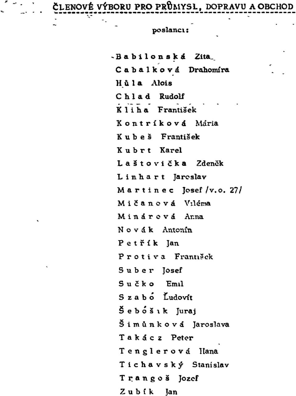 27 / Mičanová Viléma Minářová Anna Novák Antonín Petřík Jan Protiva František S u b e r Josef S u č k o Emil S z a b ó