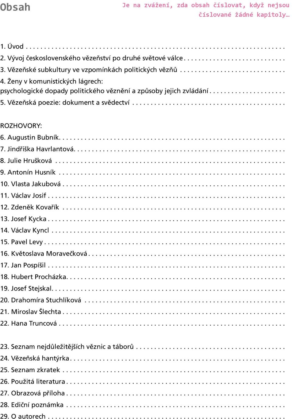 Ženy v komunistických lágrech: psychologické dopady politického věznění a způsoby jejich zvládání... 5. Vězeňská poezie: dokument a svědectví.......................................... ROZHOVORY: 6.