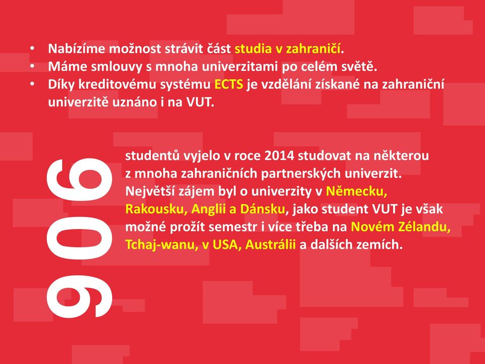 906 studentů vyjelo v roce 2014 studovat na některou z mnoha zahraničních partnerských univerzit.