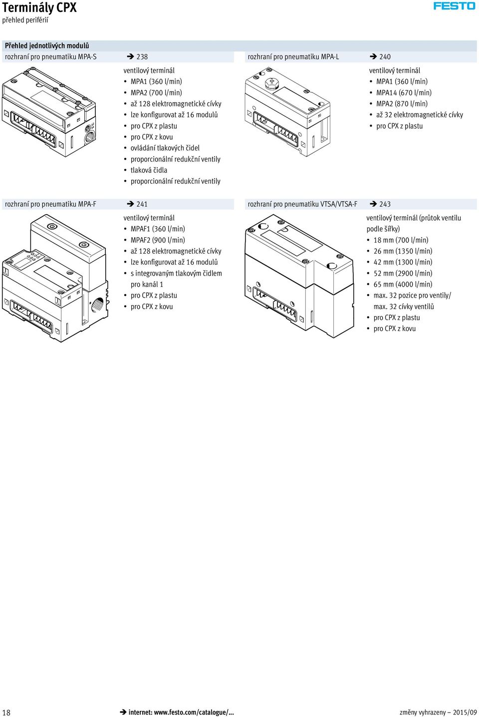 l/min) MPA14 (670 l/min) MPA2 (870 l/min) až 32 elektromagnetické cívky pro CPX z plastu rozhraní pro pneumatiku MPA-F 241 rozhraní pro pneumatiku VTSA/VTSA-F 243 ventilový terminál MPAF1 (360 l/min)