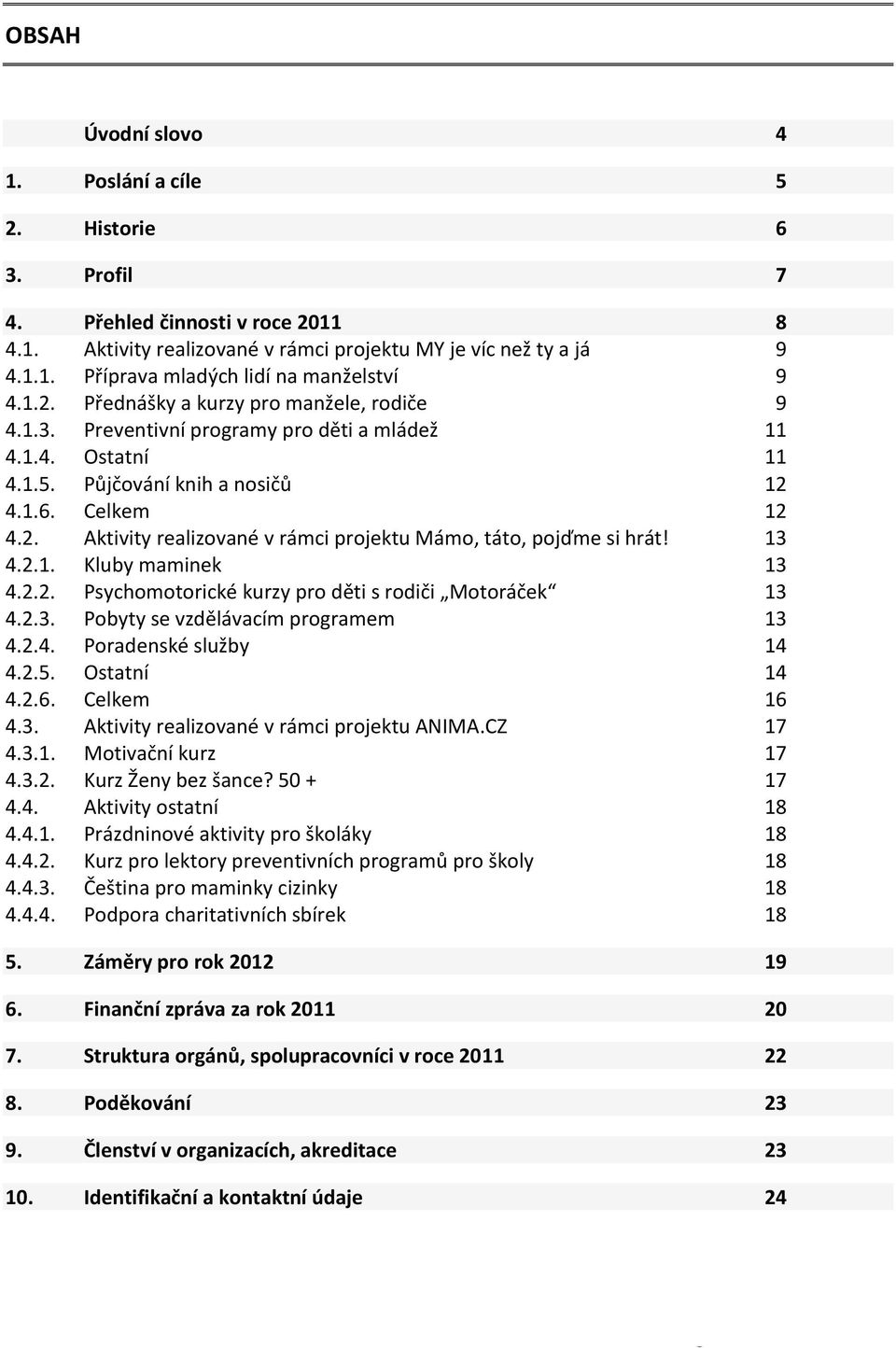 13 4.2.1. Kluby maminek 13 4.2.2. Psychomotorické kurzy pro děti s rodiči Motoráček 13 4.2.3. Pobyty se vzdělávacím programem 13 4.2.4. Poradenské služby 14 4.2.5. Ostatní 14 4.2.6. Celkem 16 4.3. Aktivity realizované v rámci projektu ANIMA.