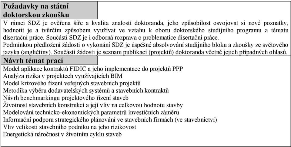 Podmínkou předložení žádosti o vykonání SDZ je úspěšné absolvování studijního bloku a zkoušky ze světového jazyka (angličtiny).