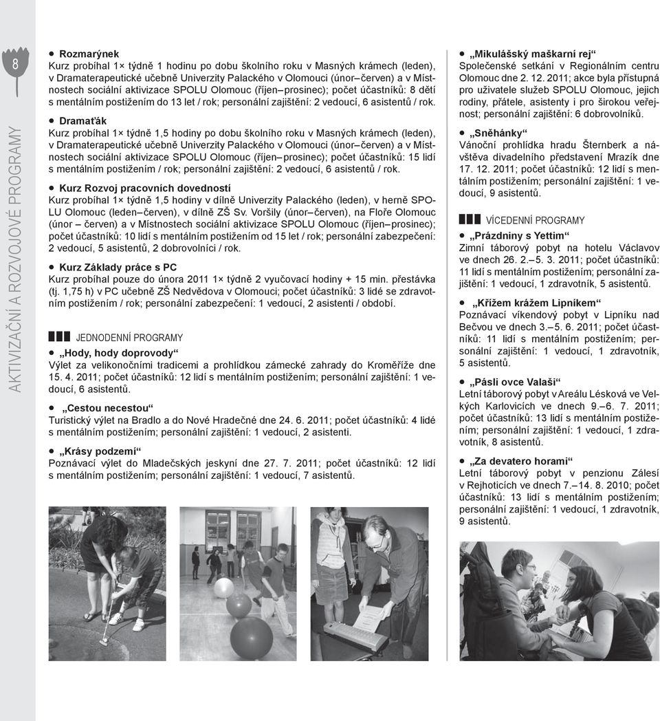 Dramaťák Kurz probíhal 1 týdně 1,5 hodiny po dobu školního roku v Masných krámech (leden), v Dramaterapeutické učebně Univerzity Palackého v Olomouci (únor červen) a v Místnostech sociální aktivizace