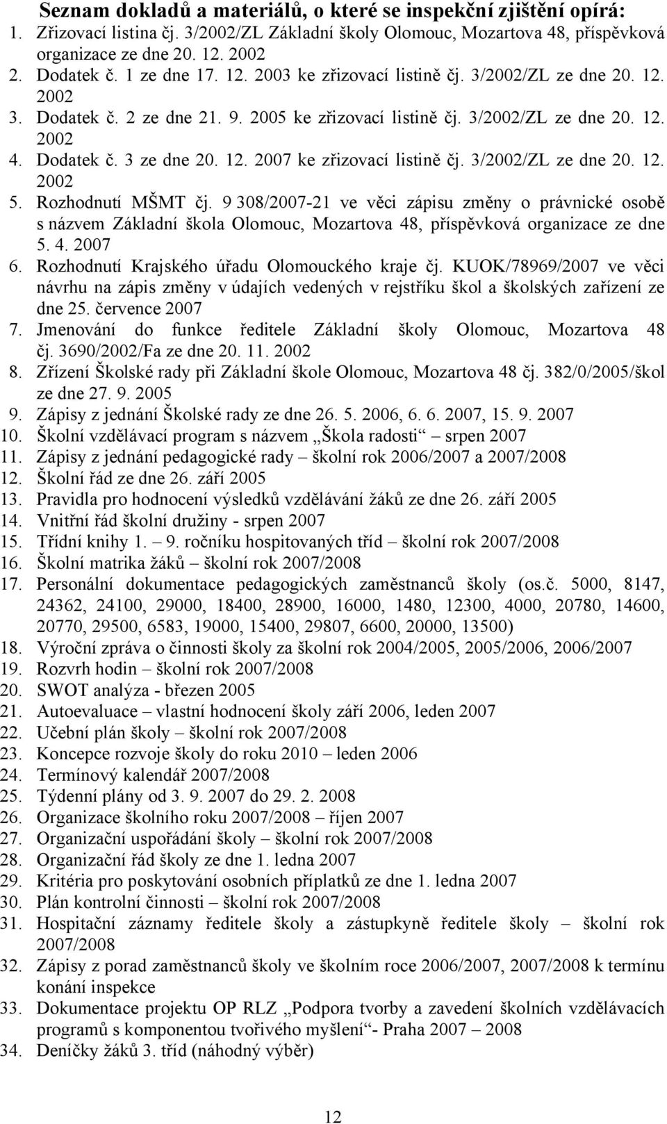 3/2002/ZL ze dne 20. 12. 2002 5. Rozhodnutí MŠMT čj. 9 308/2007-21 ve věci zápisu změny o právnické osobě s názvem Základní škola Olomouc, Mozartova 48, příspěvková organizace ze dne 5. 4. 2007 6.