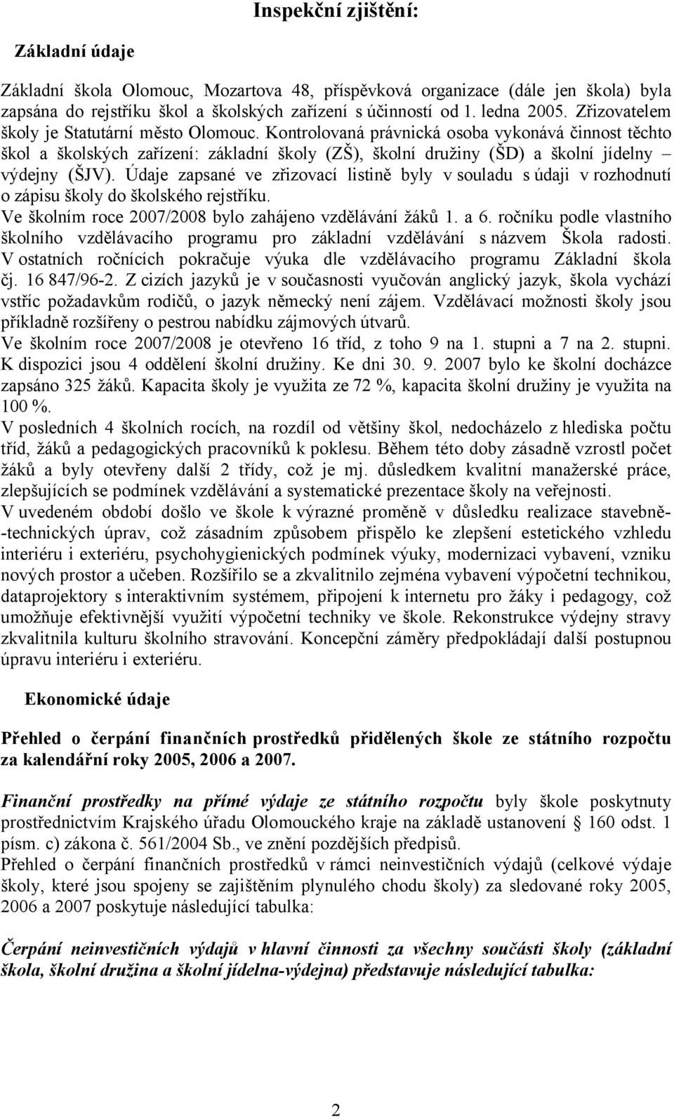 Údaje zapsané ve zřizovací listině byly v souladu s údaji v rozhodnutí o zápisu školy do školského rejstříku. Ve školním roce 2007/2008 bylo zahájeno vzdělávání žáků 1. a 6.