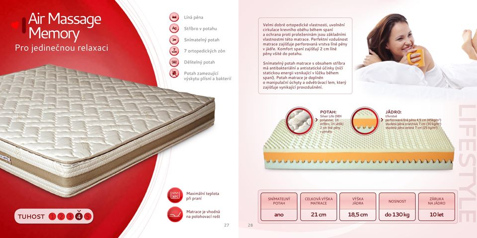 matrace s obsahem stříbra má antibakteriální a antistatické účinky (ničí statickou energii vznikající v lůžku během spaní).