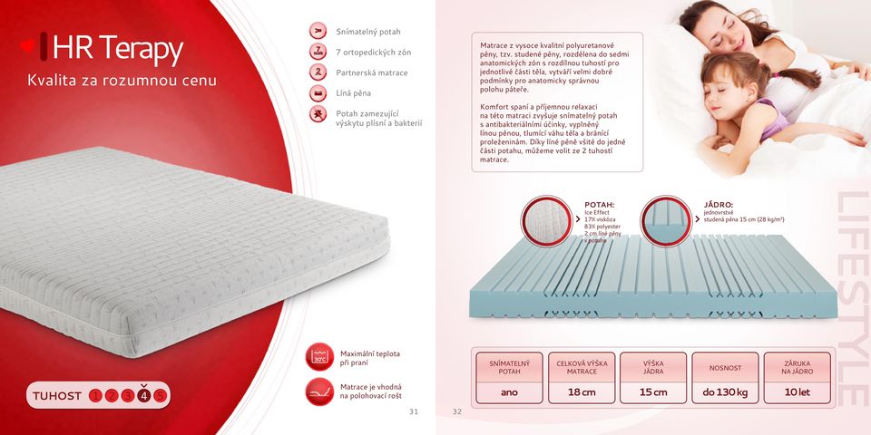 Komfort spaní a příjemnou relaxaci na této matraci zvyšuje snímatelný potah s antibakteriálními účinky, vyplněný línou pěnou, tlumící váhu těla a bránící proleženinám.