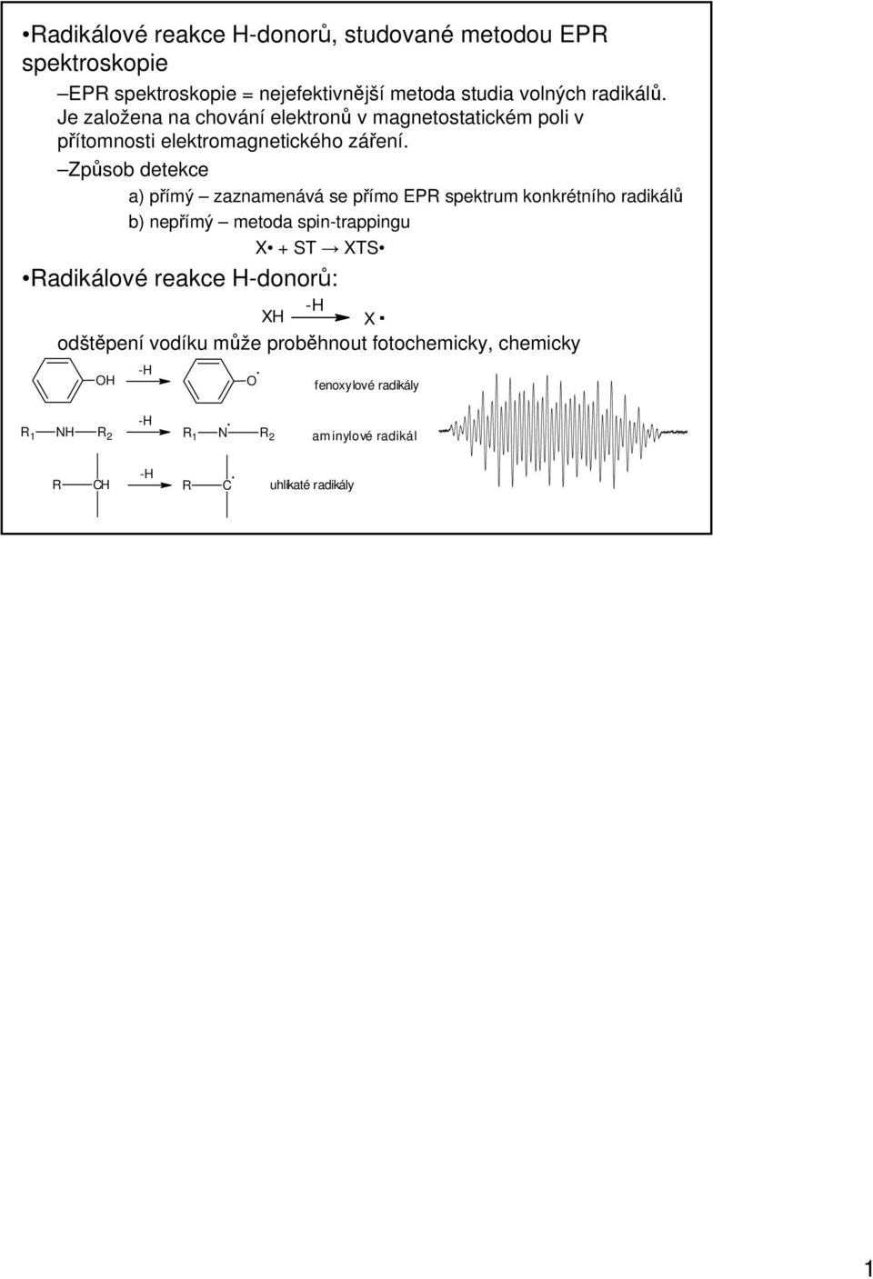 Způsob detekce a) přímý zaznamenává se přímo EPR spektrum konkrétního radikálů b) nepřímý metoda spin-trappingu X + ST XTS Radikálové