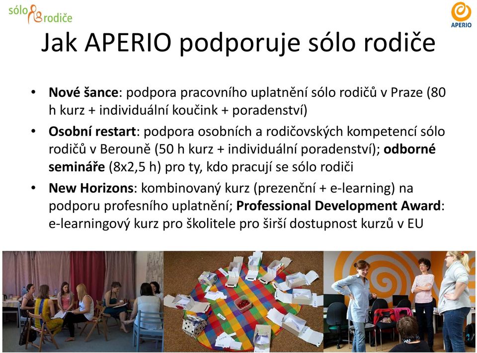 poradenství); odborné semináře (8x2,5 h) pro ty, kdo pracují se sólo rodiči New Horizons: kombinovaný kurz (prezenční + e