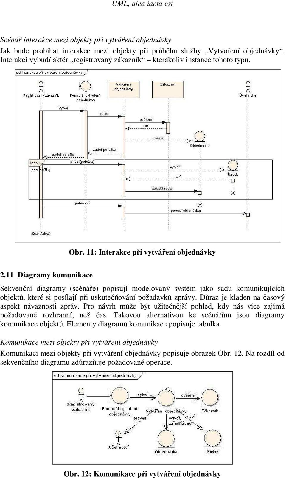 11 Diagramy komunikace Sekvenční diagramy (scénáře) popisují modelovaný systém jako sadu komunikujících objektů, které si posílají při uskutečňování požadavků zprávy.