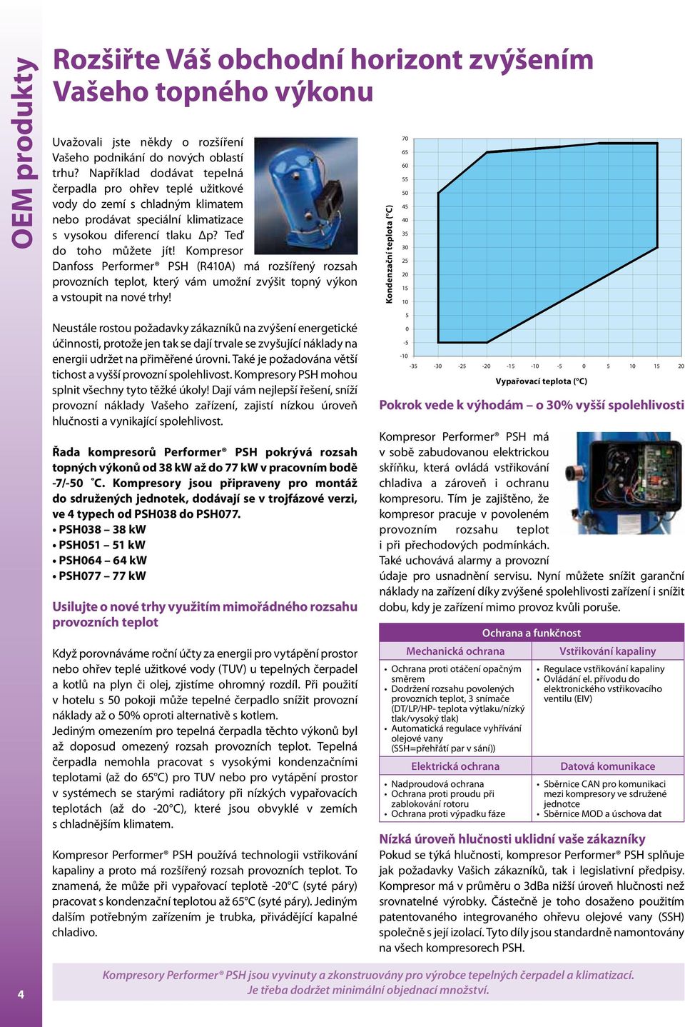Kompresor Danfoss Performer PSH (R410A) má rozšířený rozsah provozních teplot, který vám umožní zvýšit topný výkon a vstoupit na nové trhy!