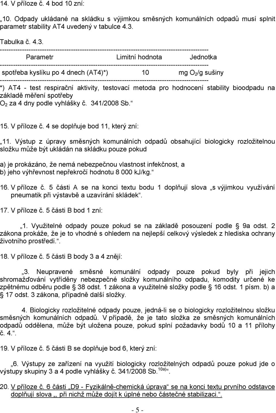 Parametr Limitní hodnota Jednotka spotřeba kyslíku po 4 dnech (AT4)*) 10 mg O 2 /g sušiny *) AT4 - test respirační aktivity, testovací metoda pro hodnocení stability bioodpadu na základě měření