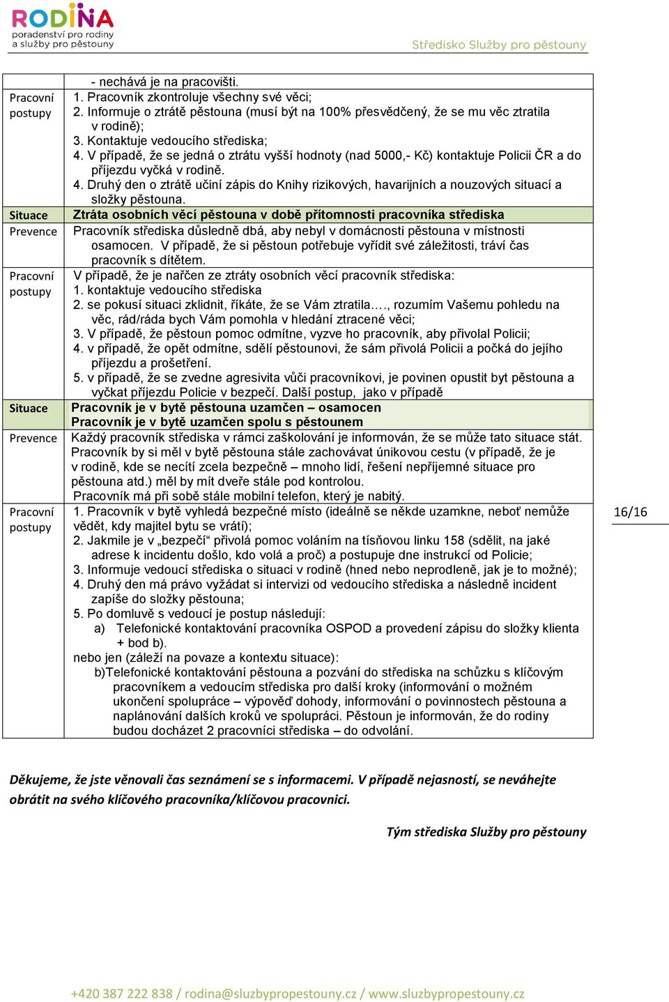 Ztráta osobních věcí pěstouna v době přítomnosti pracovníka střediska k střediska důsledně dbá, aby nebyl v domácnosti pěstouna v místnosti osamocen.