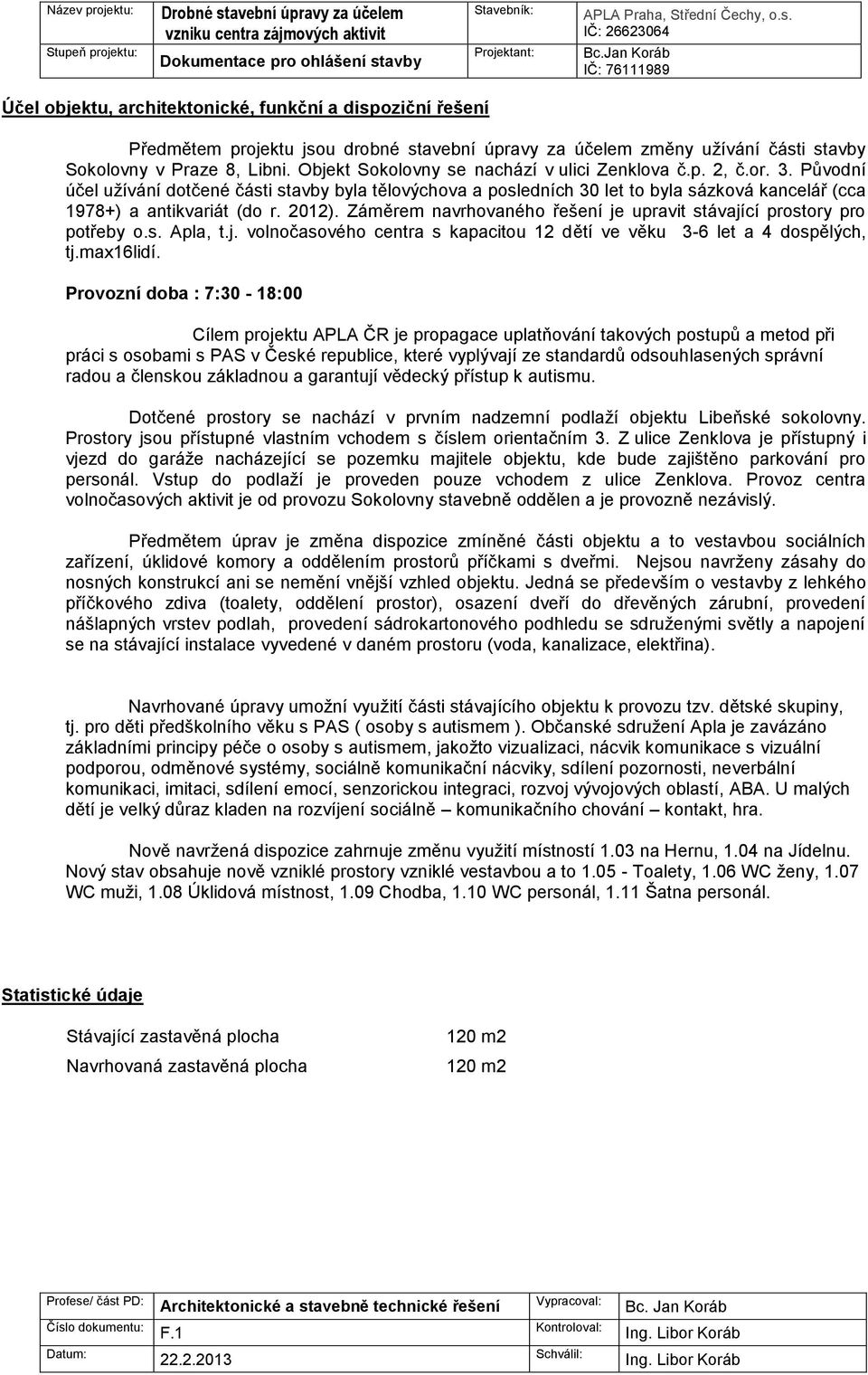 2012). Záměrem navrhovaného řešení je upravit stávající prostory pro potřeby o.s. Apla, t.j. volnočasového centra s kapacitou 12 dětí ve věku 3-6 let a 4 dospělých, tj.max16lidí.