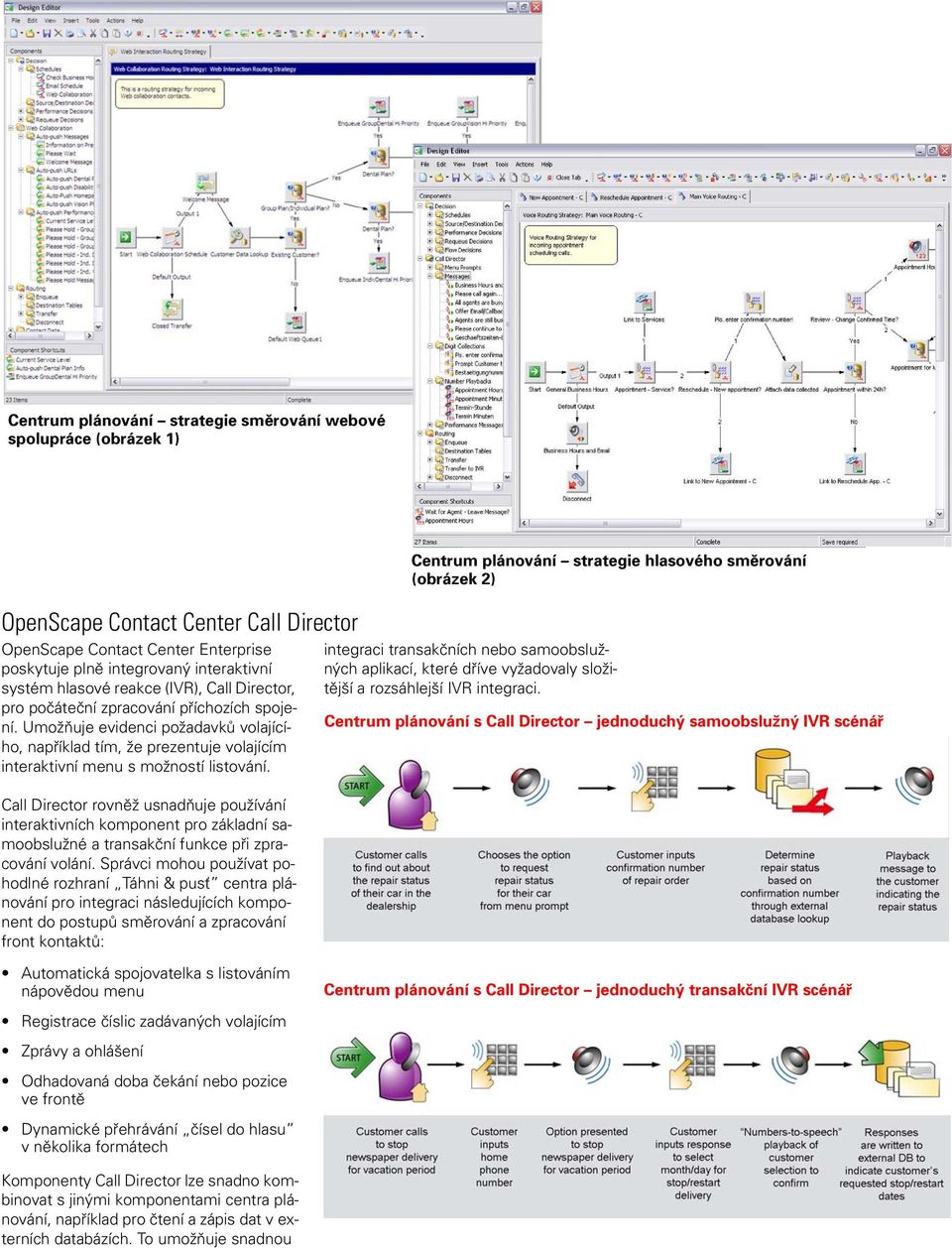 Call Director rovněž usnadňuje používání interaktivních komponent pro základní samoobslužné a transakční funkce při zpracování volání.