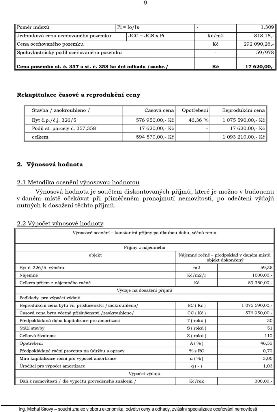 357 a st. č. 358 ke dni odhadu /zaokr./ Kč 17 620,00,- Rekapitulace časové a reprodukční ceny Stavba / zaokrouhleno / Časová cena Opotřebení Reprodukční cena Byt č.p./č.j.