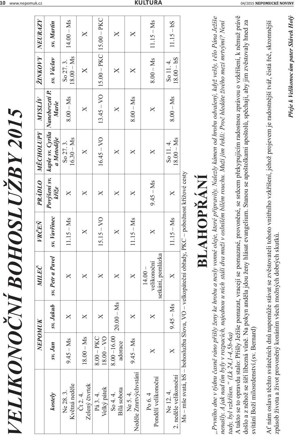 45 Ms X X 11.15 Ms X kaple sv. Cyrila a Metoděje So 27. 3. 16.30 Ms Nanebevzetí P. Marie 8.00 Ms sv. Václav sv. Martin So 27. 3. 18.00 Ms 14.00 Ms 18.00 Ms X X X X X X X X 8.00 PKC 18.00 VO 8.00 16.