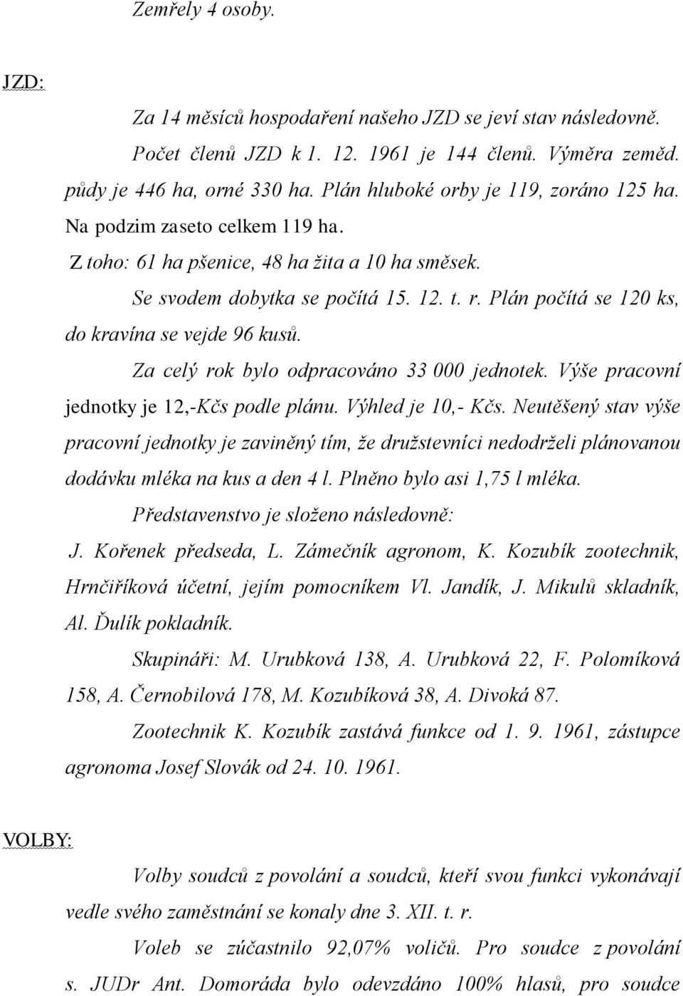 Plán počítá se 120 ks, do kravína se vejde 96 kusů. Za celý rok bylo odpracováno 33 000 jednotek. Výše pracovní jednotky je 12,-Kčs podle plánu. Výhled je 10,- Kčs.