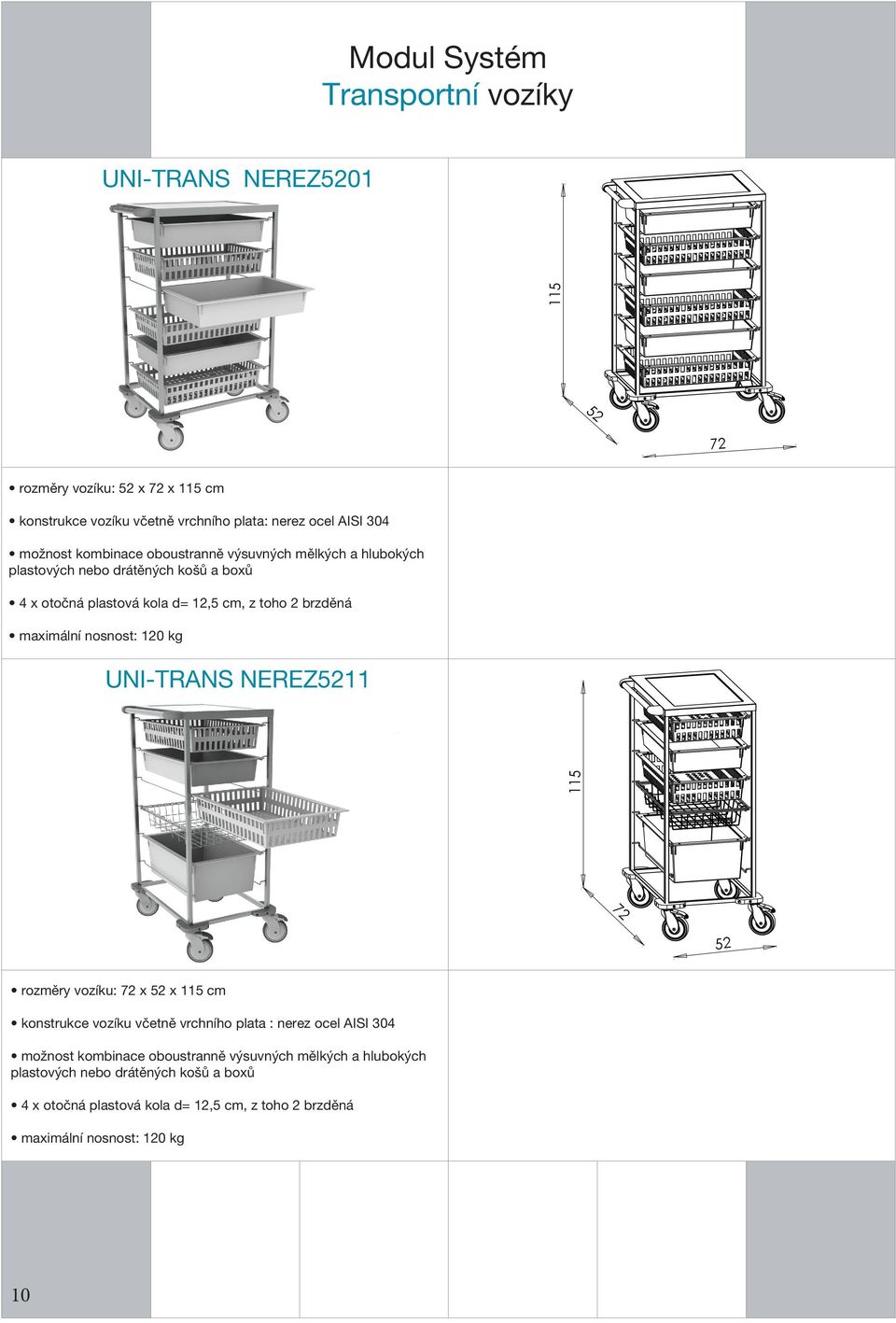 nosnost: 120 kg UNI-TRANS NEREZ5211 115 72 52 rozměry vozíku: 72 x 52 x 115 cm konstrukce vozíku včetně vrchního plata : nerez ocel AISI 304 možnost 