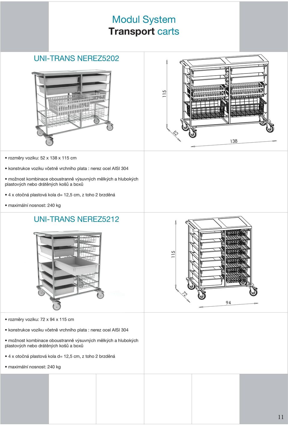 brzděná maximální nosnost: 240 kg UNI-TRANS NEREZ5212 1151,651 115 72 94 rozměry vozíku: 72 x 94 x 115 cm konstrukce vozíku včetně vrchního plata :  brzděná maximální