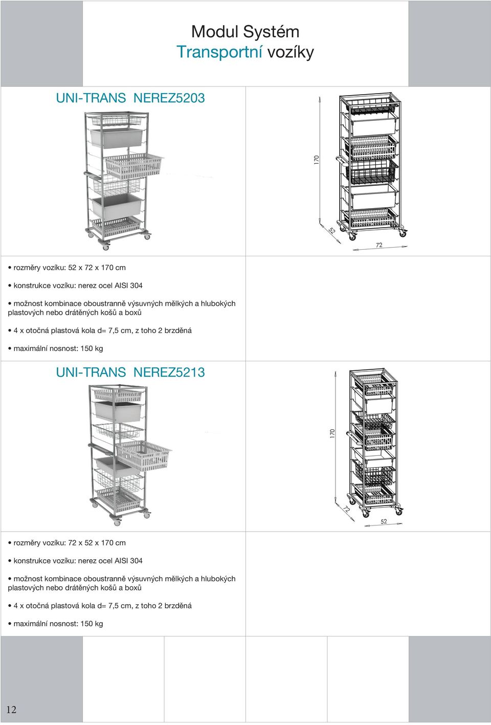 nosnost: 150 kg UNI-TRANS NEREZ5213 170 170 72 52 rozměry vozíku: 72 x 52 x 170 cm konstrukce vozíku: nerez ocel AISI 304 možnost kombinace 