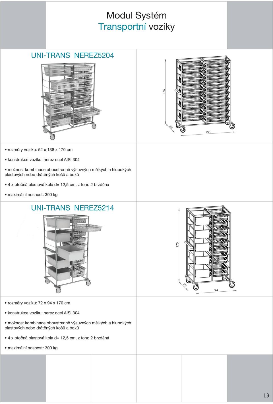 nosnost: 300 kg UNI-TRANS NEREZ5214 175 1694,669 721,800 72 94 rozměry vozíku: 72 x 94 x 170 cm konstrukce vozíku: nerez ocel AISI 304 možnost  nosnost: