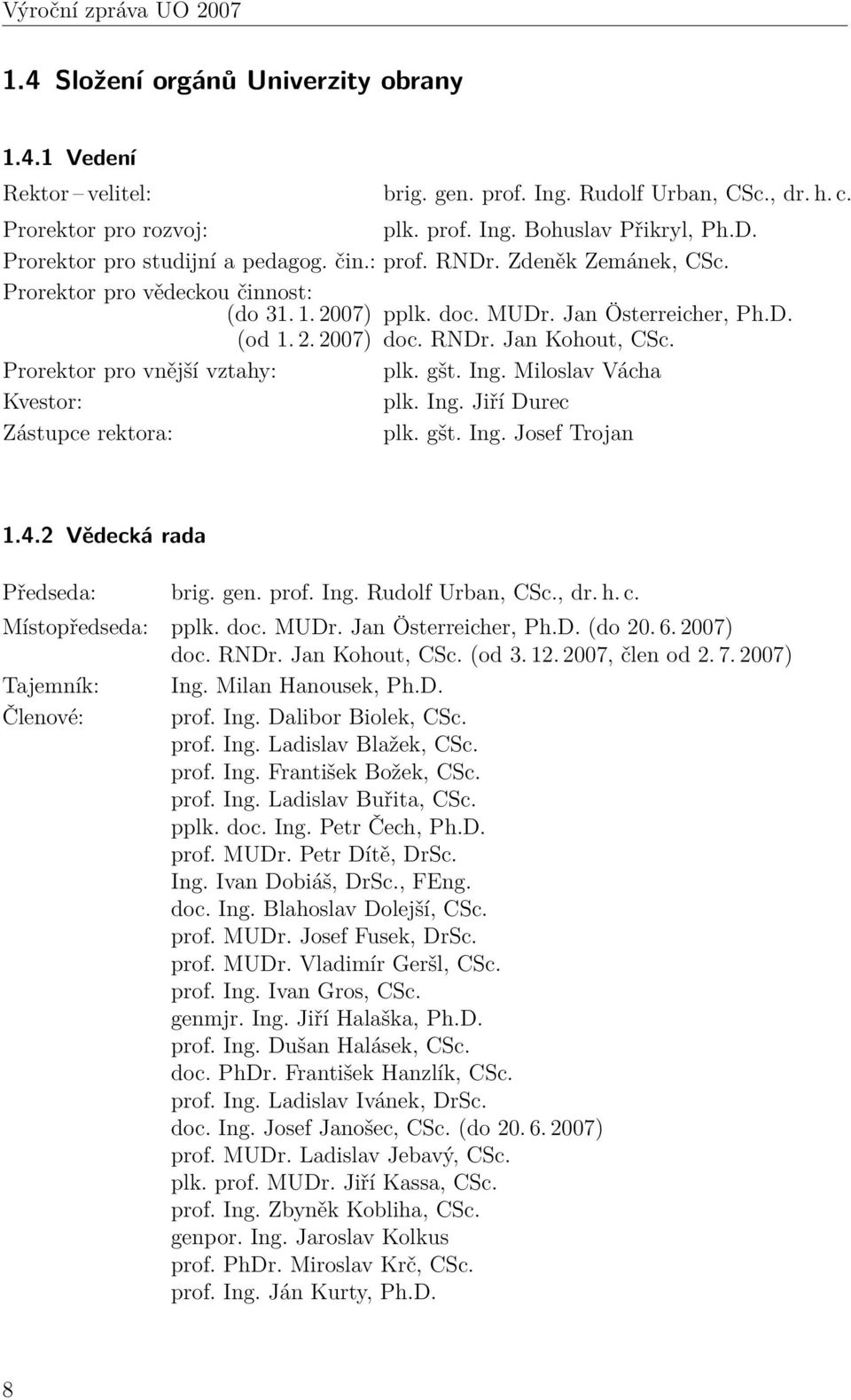 Prorektor pro vnější vztahy: plk. gšt. Ing. Miloslav Vácha Kvestor: plk. Ing. Jiří Durec Zástupce rektora: plk. gšt. Ing. Josef Trojan 1.4.2 Vědecká rada Předseda: brig. gen. prof. Ing. Rudolf Urban, CSc.