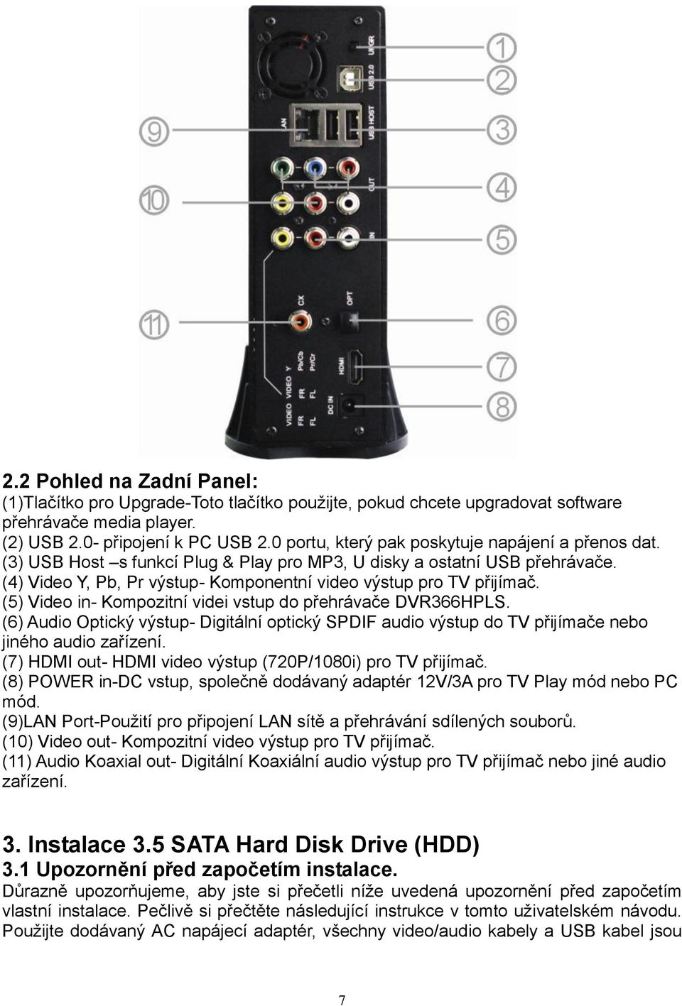 (5) Video in- Kompozitní videi vstup do přehrávače DVR366HPLS. (6) Audio Optický výstup- Digitální optický SPDIF audio výstup do TV přijímače nebo jiného audio zařízení.