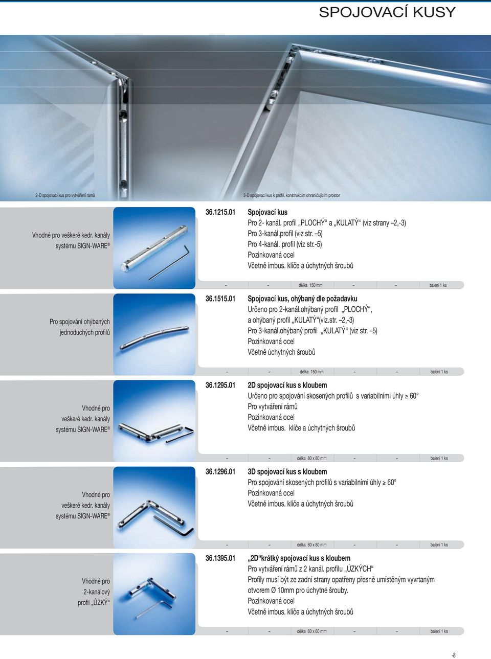klíče a úchytných šroubů délka 150 mm Pro spojování ohýbaných jednoduchých profilů 36.1515.01 Spojovací kus, ohýbaný dle požadavku Určeno pro 2-kanál.
