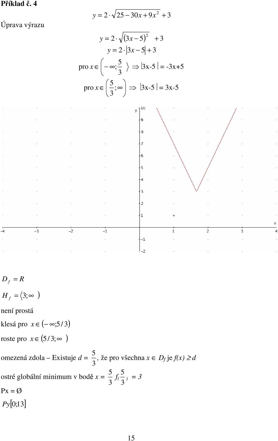 -3x+5 3 5 pro x ; 3x-5 = 3x-5 3 3 D f = R H f = 3; ) není prostá klesá pro x ( ;5/