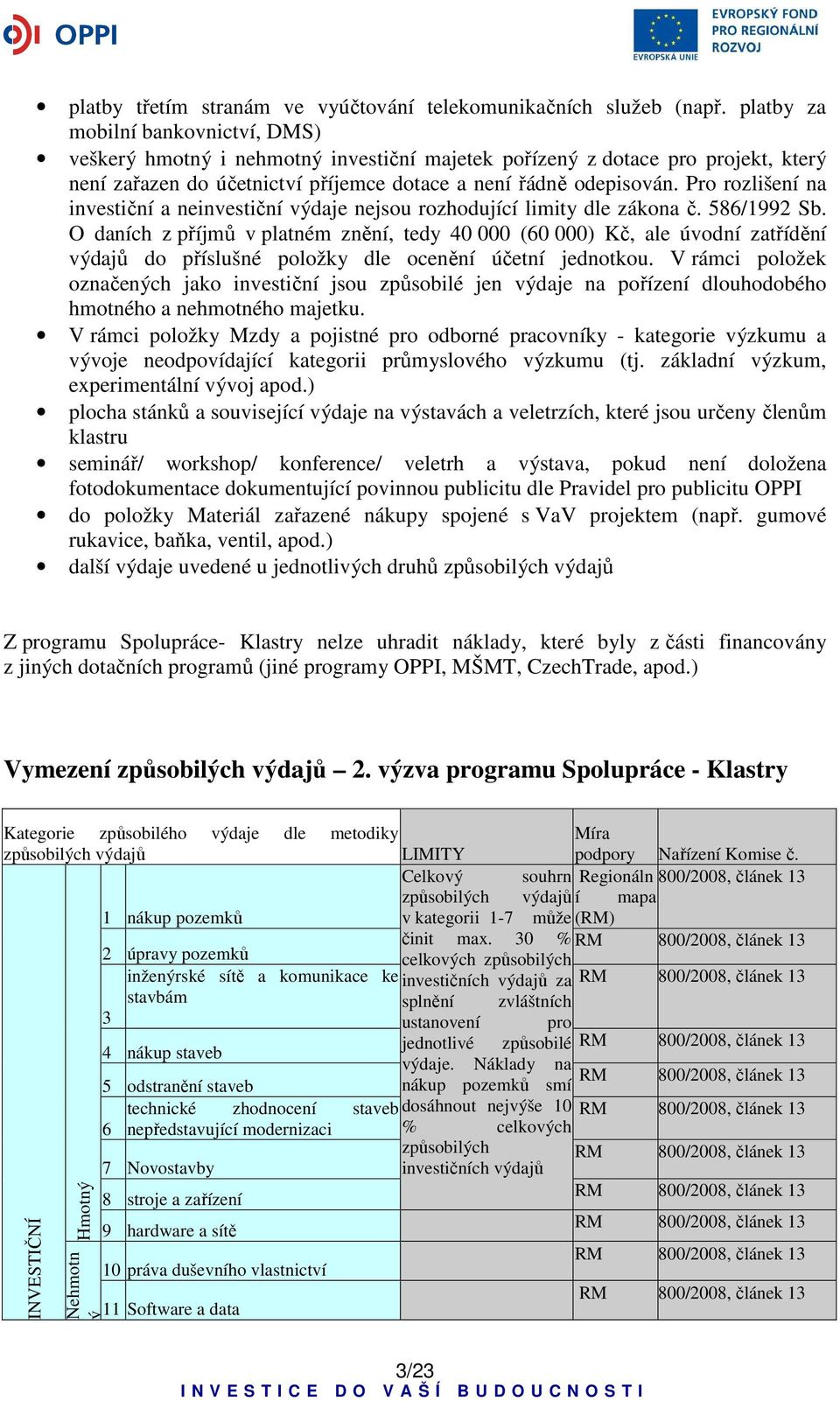 Pro rozlišení na investiční a neinvestiční výdaje nejsou rozhodující limity dle zákona č. 586/1992 Sb.