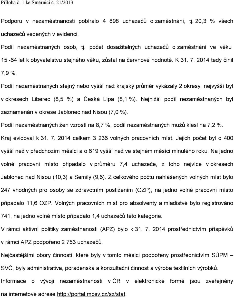 Podíl nezaměstnaných stejný nebo vyšší než krajský průměr vykázaly 2 okresy, nejvyšší byl v okresech Liberec (8,5 %) a Česká Lípa (8,1 %).