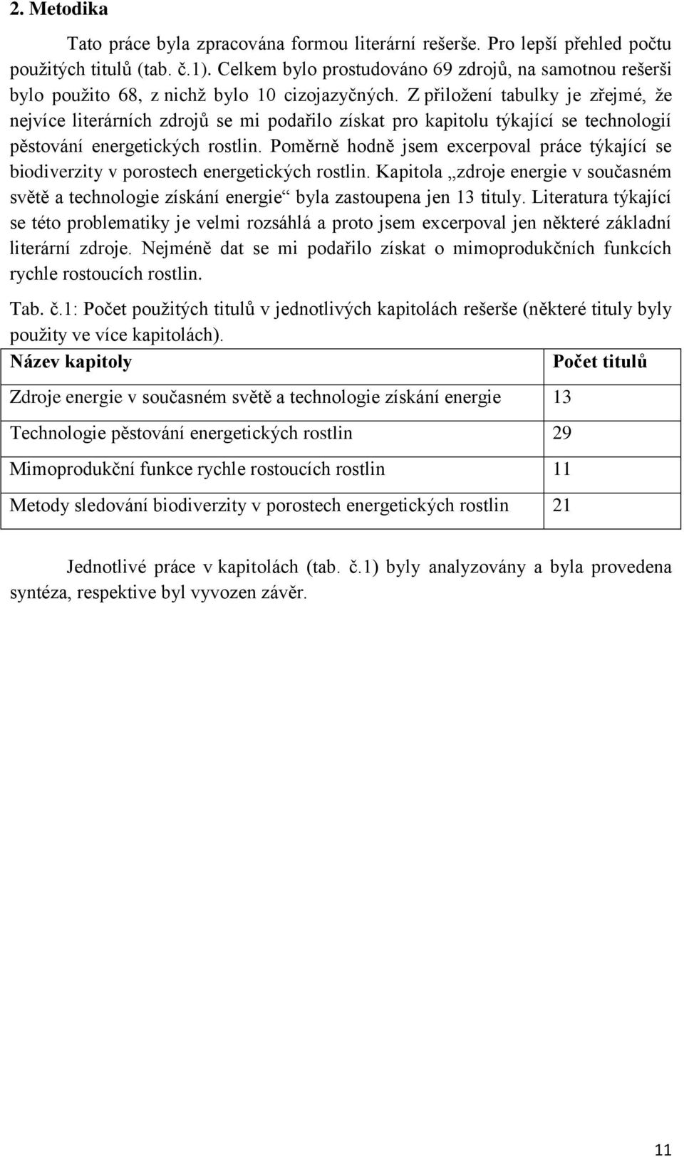 Z přiložení tabulky je zřejmé, že nejvíce literárních zdrojů se mi podařilo získat pro kapitolu týkající se technologií pěstování energetických rostlin.