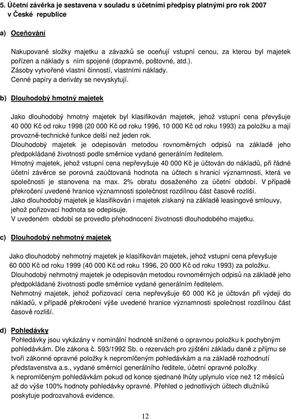 b) Dlouhodobý hmotný majetek Jako dlouhodobý hmotný majetek byl klasifikován majetek, jehož vstupní cena převyšuje 40 000 Kč od roku 1998 (20 000 Kč od roku 1996, 10 000 Kč od roku 1993) za položku a